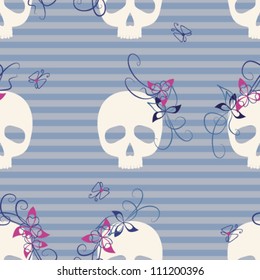 seamless pattern with funny skulls, flowers and butterflies