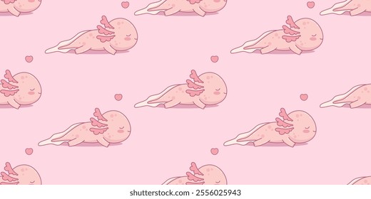 Seamless pattern with funny sleeping Axolotl on pink background with heart. Little cute cartoon kawaii character. Vector illustration. Horizontal template background. Kids collection