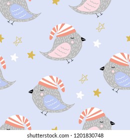 Seamless pattern funny, sleeping bird and stars on blue, light background. Vector illustration for printing on t-shirts, pajamas, bed linen, banner. A set of design elements for children's themes.