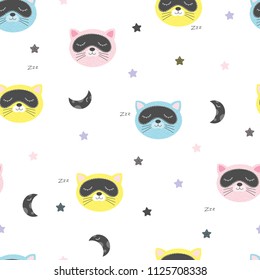 Seamless pattern with funny sleeping cats with stars and moon on a white background. Vector illustration for children.