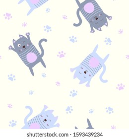 Seamless pattern with funny sleeping kittens. The pattern is ideal for textile products. Delicate cream shades.