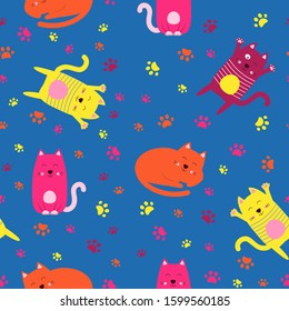 Seamless pattern with funny sleeping kittens. The pattern is ideal for textile products. Bright cheerful colors.