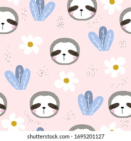 Seamless pattern with funny sloth. Kids summer print. Vector hand drawn illustration.