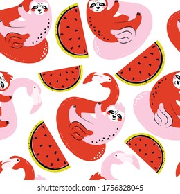 Seamless pattern funny sloth swims on an inflatable pink Flamingo float. Hand drawn swimming toy, sweet watermelon, cute animal on white background. Concept summer, vacation, beach. Vector flat 
