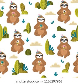 Seamless pattern with funny sloths in the forest. Adorable cartoon animal background. Repeating texture with cute baby sloth holding flowers. Vector