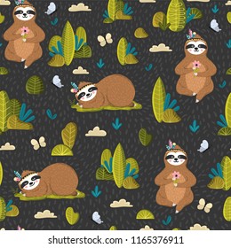 Seamless pattern with funny sloths in the forest. Adorable animal background in the childish style. Repeating texture with cute baby sloth holding flowers and sleeping on the grass. Vector