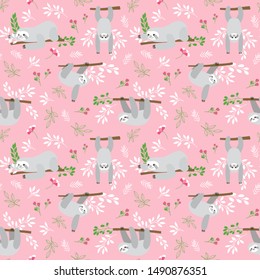 Seamless pattern with funny sloths hanging on the tree includes flowers and leaves. Adorable cartoon animal background. Vector forest set of cute animals perfect for fabric, textile, paper.