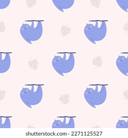 Seamless pattern with funny sloths and tropical leaves. Illustrations in a modern style for prints, clothing, packaging.
