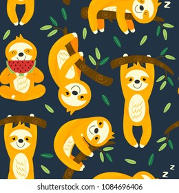 seamless pattern with funny sloths - vector illustration, eps
