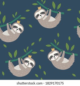 Seamless  pattern with funny sloths. Vector childish pattern. Cute animal pattern.