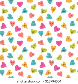 Seamless pattern with funny smiley hearts. Cute cartoon characters. Vector illustration