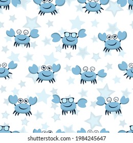 Seamless pattern with funny smiling crab and stars.  Blue colours.
