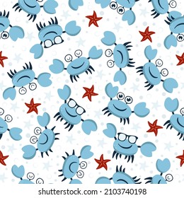 Seamless pattern with funny smiling crabs, stars and bubbles 
