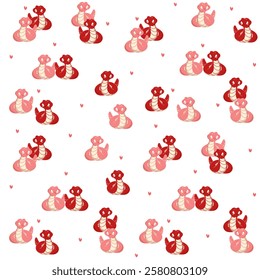 Seamless pattern with funny snakes in love. Symbol of the New Year 2025. Cute cartoon red and pink snakes blowing a kiss. Kawaii. Isolated illustration.