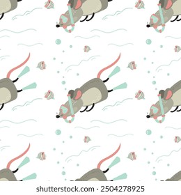 Seamless pattern with funny snorkeling rat. Adorable mouse is engaged extreme water sports, diving underwater. Texture template, wallpaper. Printable banner, pattern background. vector illustration