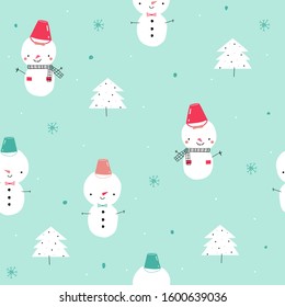 Seamless pattern with funny snowmans. Winter hand drawn print. Vector illustration.