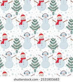 Seamless pattern with funny snowmen, christmas tree and snowflakes. Winter colorful background
