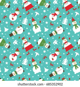 Seamless pattern with funny snowmen and Christmas trees.