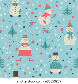 Seamless pattern with funny snowmen and Christmas trees.