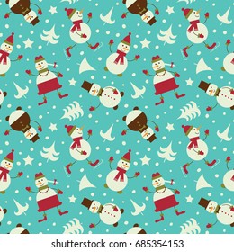 Seamless pattern with funny snowmen and Christmas trees.