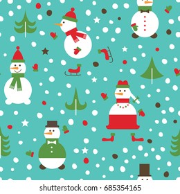 Seamless pattern with funny snowmen and Christmas trees.