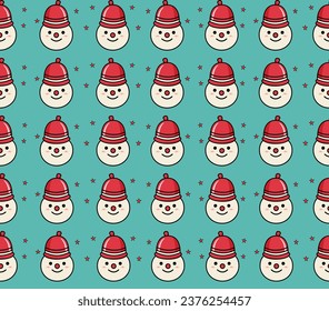 Seamless pattern with funny snowmen heads and stars