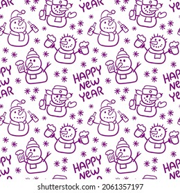 seamless pattern with funny snowmen. linear drawing. the inscription happy new year. new Year's pattern. winter holiday. vector illustration