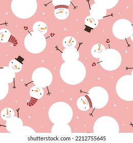 Seamless pattern with funny snowmen on a pink background.