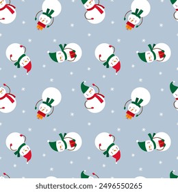 Seamless pattern with funny snowmen on blue background simple cartoon style. Vector illustration for Christmas and New Year holidays.