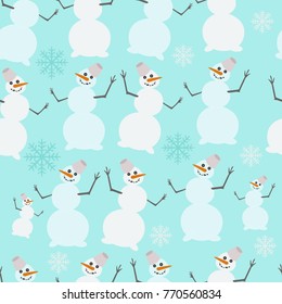 Seamless pattern of funny snowmen on a light blue background