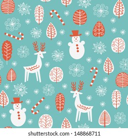 Seamless pattern with funny snowmen and reindeers for winter and christmas theme. Vector illustration.