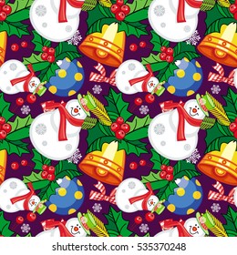 Seamless pattern with funny snowmen. Vector clip art.