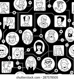 Seamless Pattern. Funny Social Network with Linked Cartoon People. Doodle Team Background. Vector Illustration. Linear Portraits and Icons on Black