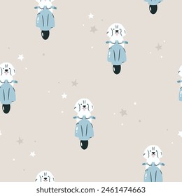 Seamless pattern with funny spaniel dog riding a scooter. Great for fabric, textile, print, wrapping paper