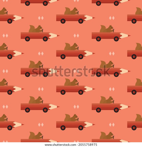 seamless pattern funny\
squirrels in pencil cars animal on orange background vector\
wallpaper textile\
giftwrap