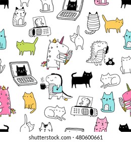 Seamless pattern with Funny stickers - unicorn eating ice cream, black cats, white kitties, cute dinosaurs with telephone and fax machine. Vector animals illustration. Laptop hand drawn image.