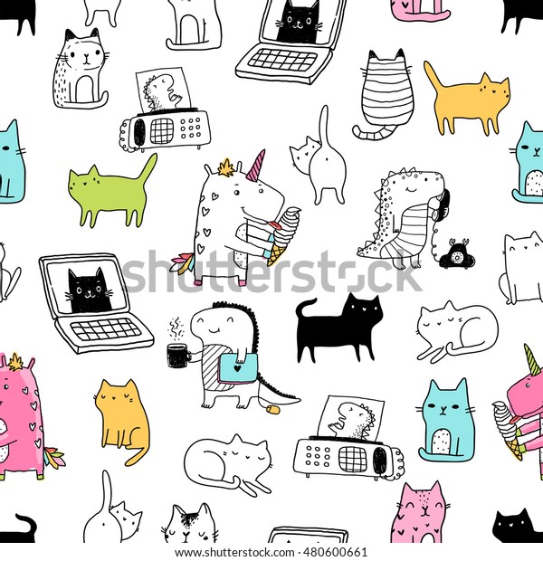 アイスクリームを食べるユニコーン 黒猫 白猫 かわいい恐竜 電話とfax機 シームレスなステッカーと模様 ベクター動物のイラスト ノートパソコンの手描きの画像 のベクター画像素材 ロイヤリティフリー