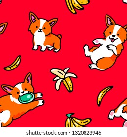 Seamless pattern. Funny stickers with Welsh Corgi. Isolated on red background. Cute puppies corgi and bananas. Trendy summer illustration.