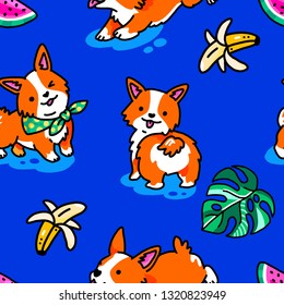 Seamless pattern. Funny stickers with Welsh Corgi. Isolated on blue background. Cute puppies among monstera leaves and fruits. Trendy summer illustration.