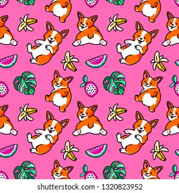 Seamless pattern. Funny stickers with Welsh Corgi. Isolated on pink background. Cute puppies among monstera leaves and fruits.