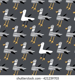 Seamless pattern of funny striped seagulls on dark background. Hand drawn vector illustration. Design for fabric and decor.