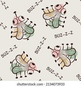 Patrón sin foco con una estúpida y graciosa mosca. Feliz personaje de caricatura. Ilustración de esbozo de vector lineal con formas de color abstracto. Fondo vectorial para impresión, diseño textil.