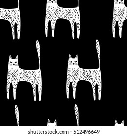 Seamless pattern with funny stylized cats. Black and white.