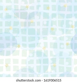 Seamless pattern with funny subtle transparent balls and yellow stars on blue background. Vector Illustration
