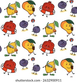 Seamless pattern of funny summer fruits with human faces playing on the beach hand drawn in vibrant colors. Concept of vacation, joy and tropical fruit character fun