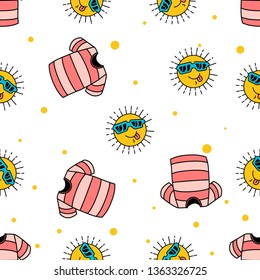 Seamless Pattern of Funny Sun and Beach T-shirt hand drawn in cute colorfull doodle vector