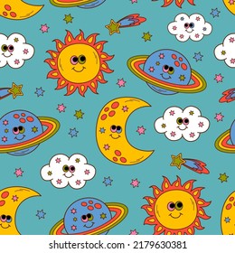 seamless pattern with  funny  sun, moon, planet, cloud