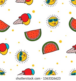 Seamless Pattern of funny sun, watermelon and ice cream hand drawn in cute colorfull doodle vector