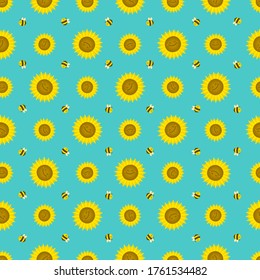 Patrón sin foco con girasoles graciosos con abejas. Plantas decorativas sonrientes. Ilustración vectorial al estilo de las caricaturas. Para el diseño de libros, cubiertas, telas, tejidos para niños, papel de envoltura.