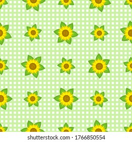 Nahtlose Muster mit lustigen Sonnenblumen. Dekorative Lächelpflanzen. Vektorgrafik im Cartoon-Stil. Für die Gestaltung von Büchern, Cover, Stoffen, Kindertextilien, Packpapier.